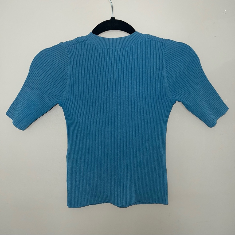 Sandro Paris Ribbed Knit Elastic Stretch Short Sleeve Top - Picture 2 of 8